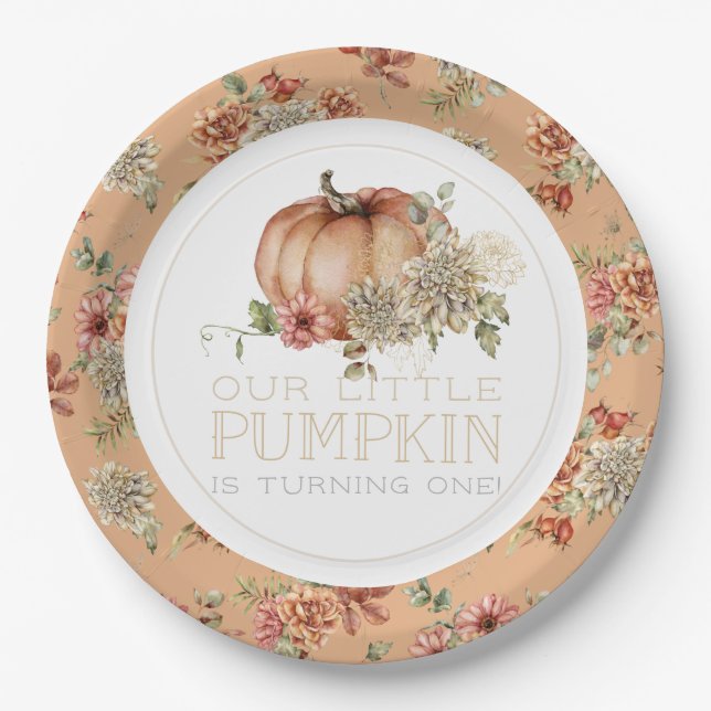 Orange Pumpkin & White Dahlia Birthday Paper Plate (Front)