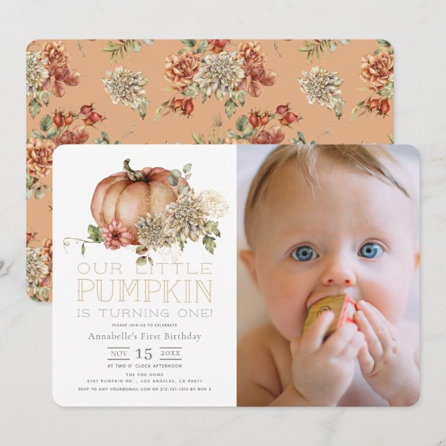 Orange Pumpkin & White Dahlia Photo 1st Birthday Invitation (Front/Back)