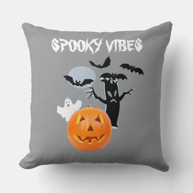 Orange Pumpkin with White Ghost and Bats Throw Pillow (Front)