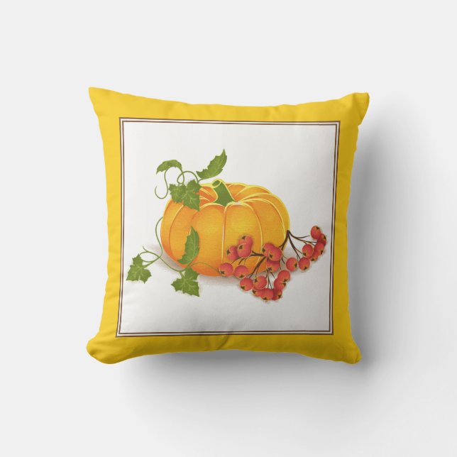Orange pumpkin, yellow border fall Thanksgiving Outdoor Pillow (Front)