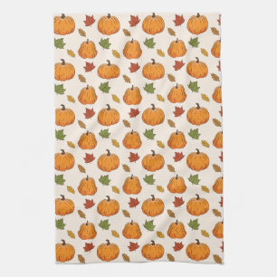 Orange Pumpkins And Autumn Leaves Pattern Kitchen Towel