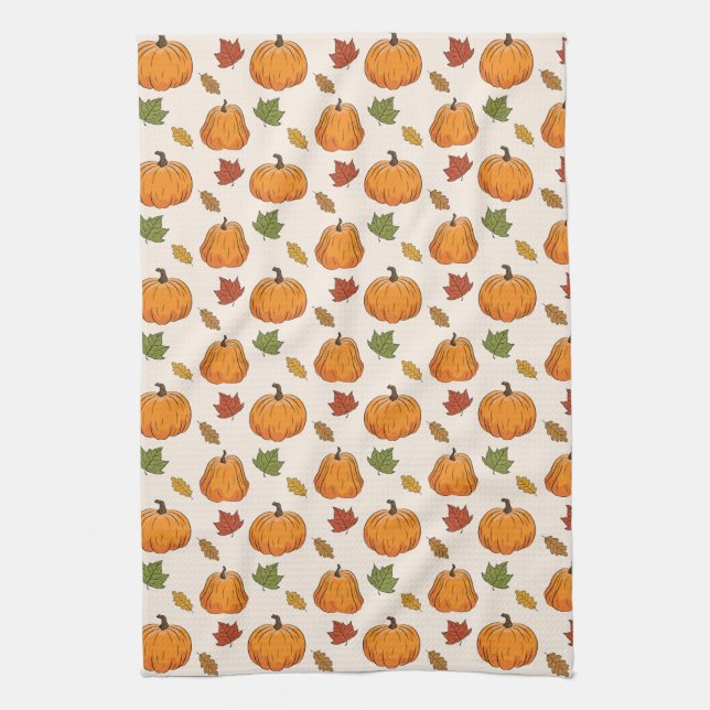 Orange Pumpkins And Autumn Leaves Pattern Kitchen Towel (Vertical)