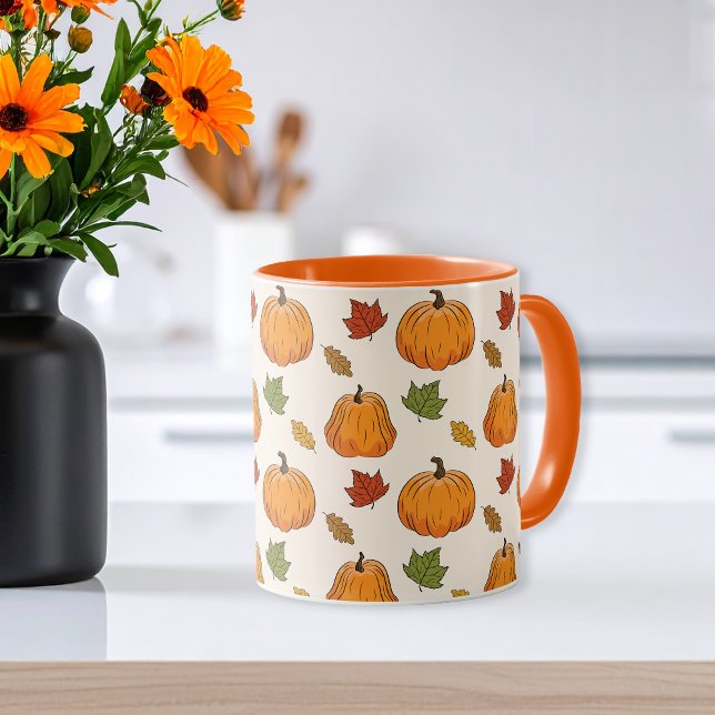 Orange Pumpkins And Autumn Leaves Pattern Mug (Creator Uploaded)