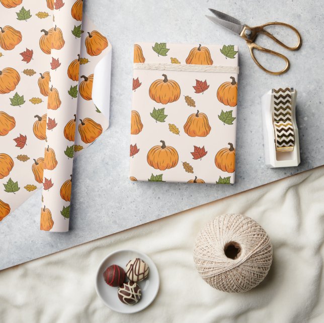Orange Pumpkins And Autumn Leaves Pattern Wrapping Paper (Crafts)