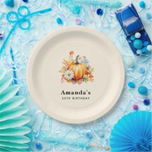 Orange Pumpkins and Flowers Autumn Birthday Paper Plate