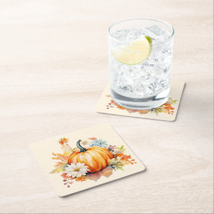 Orange Pumpkins and Flowers Autumn Square Paper Coaster