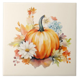 Orange Pumpkins and Flowers Autumn Tile