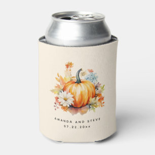 Orange Pumpkins and Flowers Autumn Wedding Can Cooler