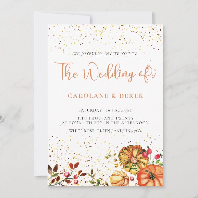 Orange pumpkins autumn florals wedding invitation (Front)
