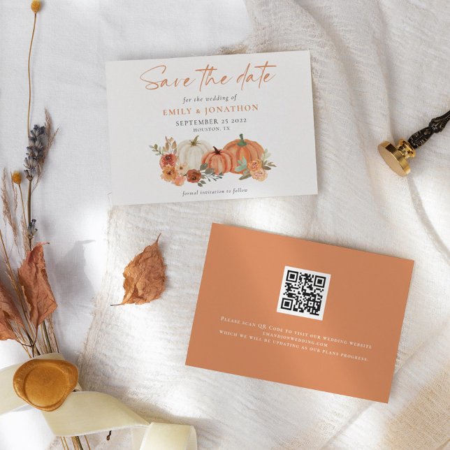 Orange Pumpkins Autumnal Florals QR Code Wedding Save The Date (Creator Uploaded)