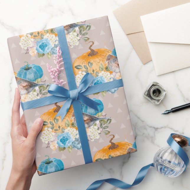 Orange Pumpkins Blue Pumpkins and Flowers Thanks Wrapping Paper (Gifting)