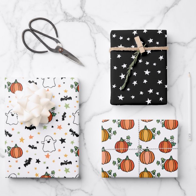 Orange Pumpkins Ghosts Halloween Mixed Patterns Wrapping Paper Sheet (Front)