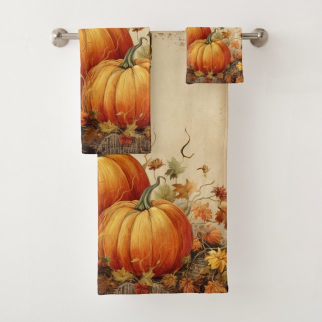 Orange Pumpkins Rustic Autumn Bath Towel Set (Insitu)