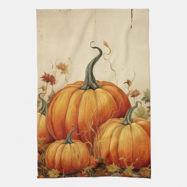 Orange Pumpkins Rustic Autumn Kitchen Towel (Vertical)
