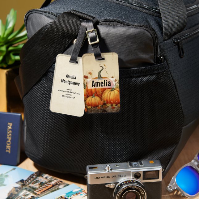 Orange Pumpkins Rustic Autumn Luggage Tag (Front & Back)