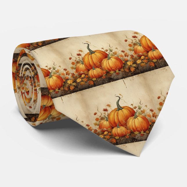 Orange Pumpkins Rustic Autumn Pattern Tie (Rolled)
