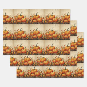 Orange Pumpkins Rustic Autumn Pattern Wrapping Paper Sheet