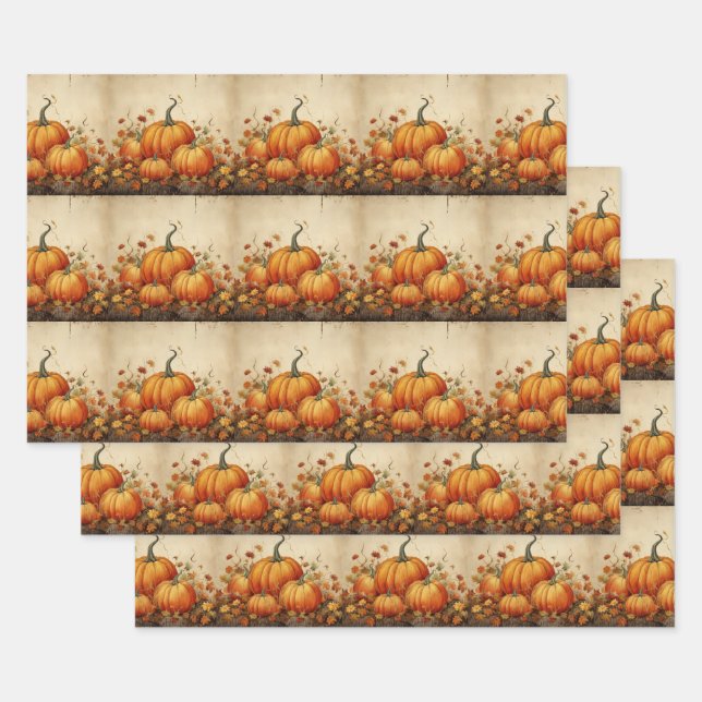 Orange Pumpkins Rustic Autumn Pattern Wrapping Paper Sheet (Set)