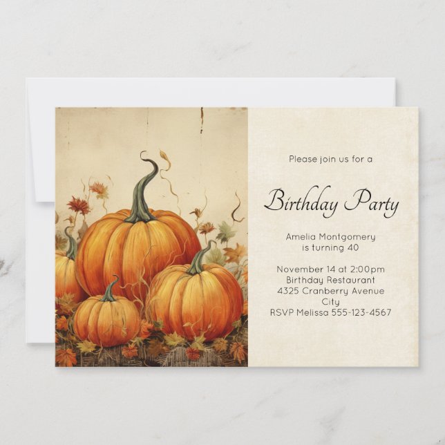 Orange Pumpkins Rustic Autumn Scene Birthday Invitation (Front)