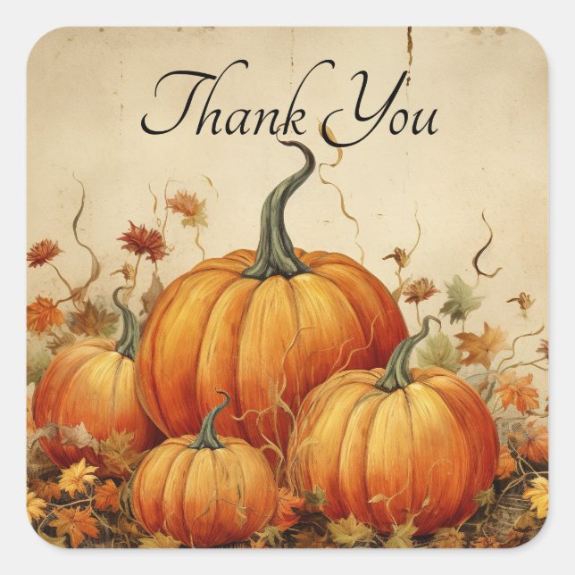 Orange Pumpkins Rustic Autumn Thank You Square Sticker (Front)