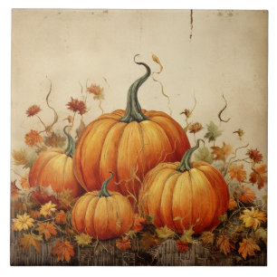 Orange Pumpkins Rustic Autumn Thanksgiving Tile