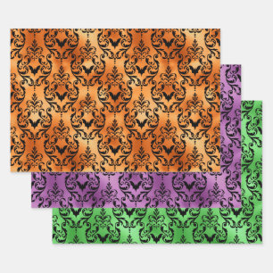 Orange, Purple, and Green Bat Halloween Damask Wrapping Paper Sheet