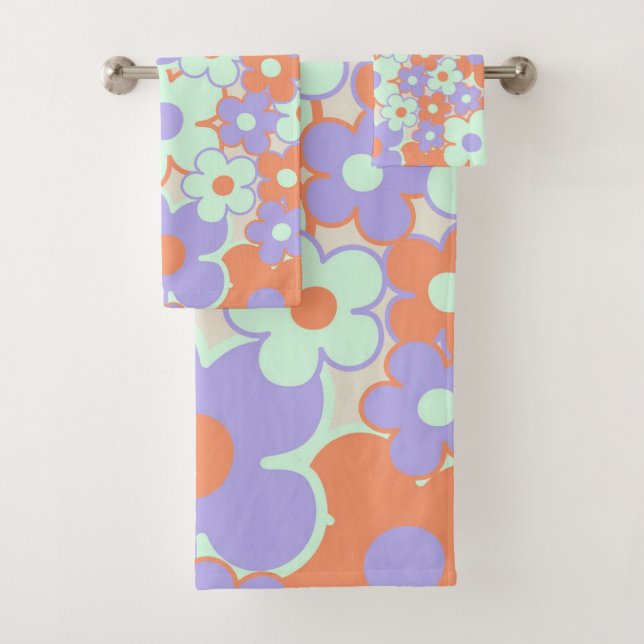 Orange Purple Blue Retro Y2K 70s Flower Pattern Bath Towel Set (Insitu)