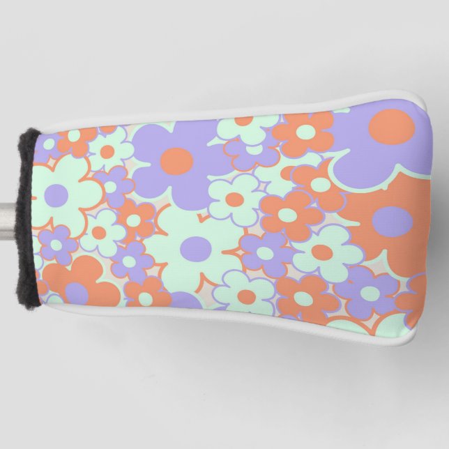 Orange Purple Blue Retro Y2K 70s Flower Pattern Golf Head Cover (Front)