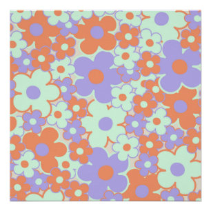 Orange Purple Blue Retro Y2K 70s Flower Pattern Poster