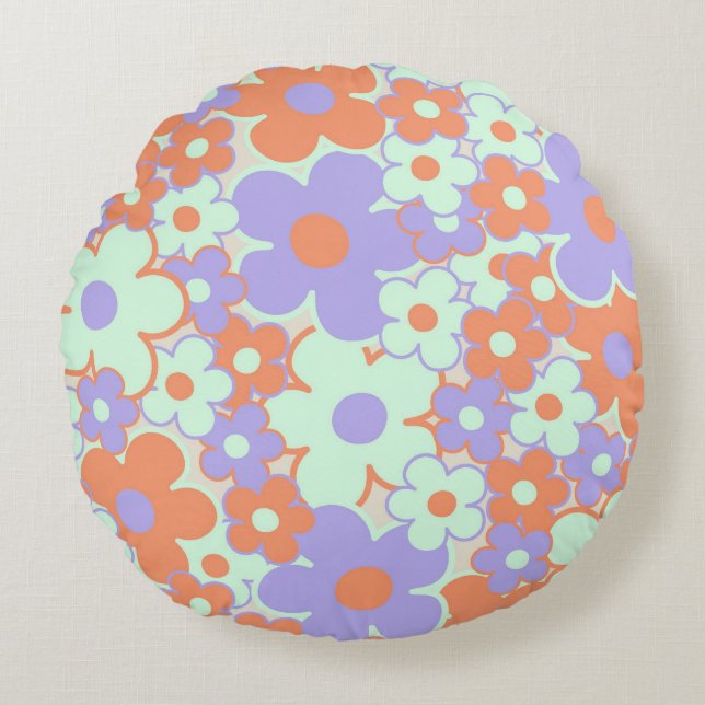 Orange Purple Blue Retro Y2K 70s Flower Pattern Round Pillow (Front)