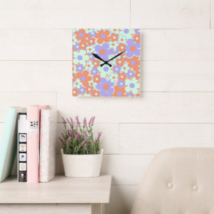 Orange Purple Blue Retro Y2K 70s Flower Pattern Square Wall Clock