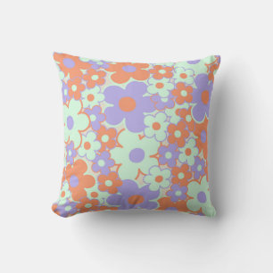 Orange Purple Blue Retro Y2K 70s Flower Pattern Throw Pillow
