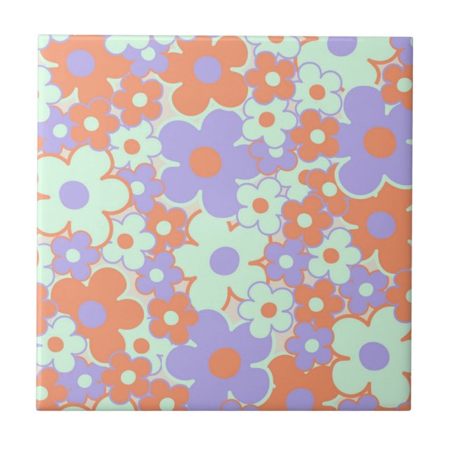 Orange Purple Blue Retro Y2K 70s Flower Pattern Tile (Front)