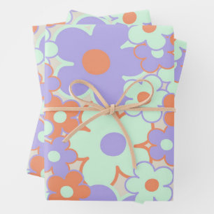 Orange Purple Blue Retro Y2K 70s Flower Pattern Wrapping Paper Sheet