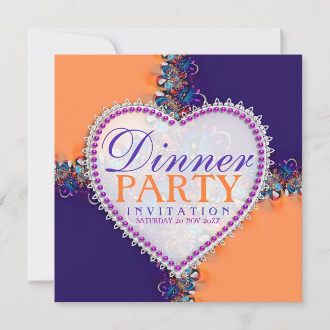 Orange Purple Bohemian Hippie Batik Dinner Party Invitation (Front)