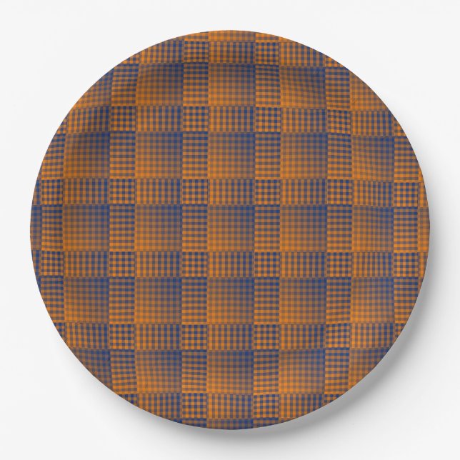 Orange Purple Chequered Abstract Pattern Paper Plate (Front)