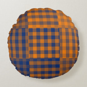 Orange Purple Chequered Patchwork Pattern Round Pillow