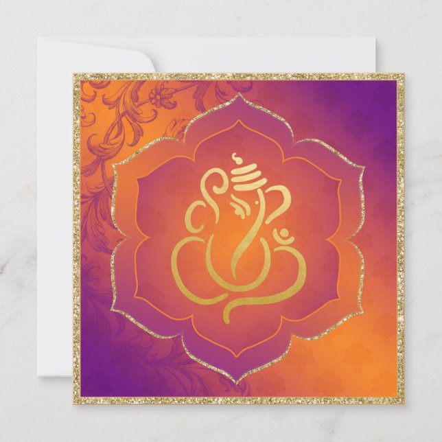 Orange Purple Damask Gold Ganesh Indian Wedding Invitation (Front)