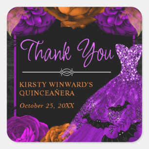 Orange & Purple Floral Dress Halloween Quinceanera Square Sticker