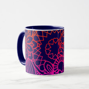 Orange Purple Flowers and Navy Blue Background   Mug