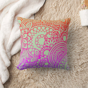 Orange Purple Flowers and Soft Sage Background Throw Pillow