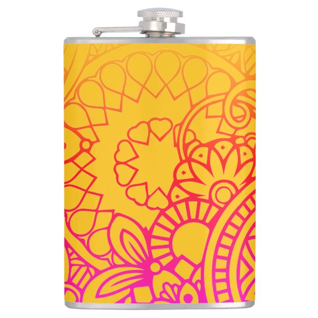 Orange Purple Flowers and Yellow Background Flask (Front)