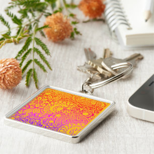 Orange Purple Flowers and Yellow Background K Keychain