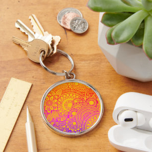 Orange Purple Flowers and Yellow Background K Keychain