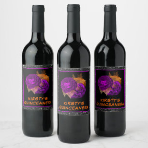 Orange Purple Flowers Black Glitter Quinceanera Wine Label