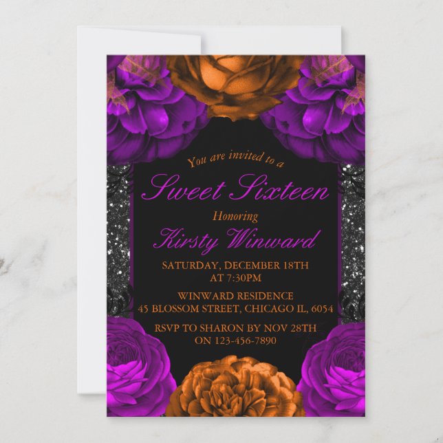 Orange Purple Flowers Halloween Sweet 16 Invitation (Front)