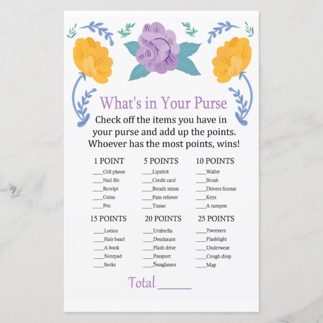 Orange Purple Flowers What's in your purse game (Front)
