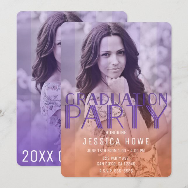 Orange Purple Graduation Party Graduate Photo Invitation (Front/Back)