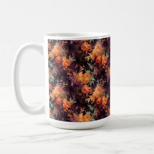 ORANGE PURPLE GREEN ROCOCCO FALL FLOWERS COFFEE MUG (Left)