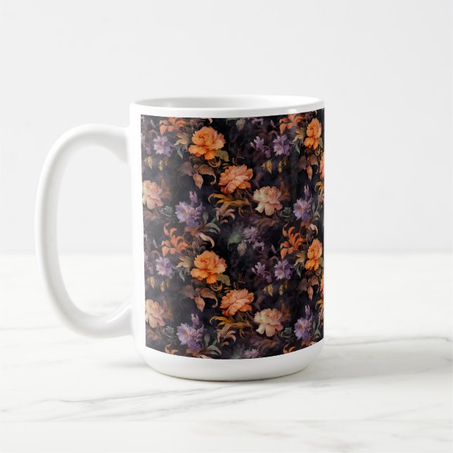 ORANGE PURPLE GREEN ROCOCCO FALL FLOWERS COFFEE MUG (Left)